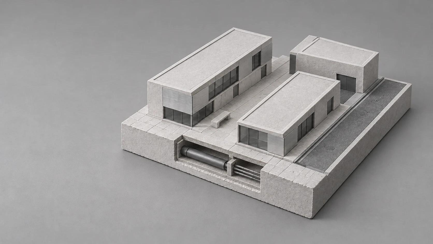 Monochrome model of three buildings with a cutaway showing underground utility channels