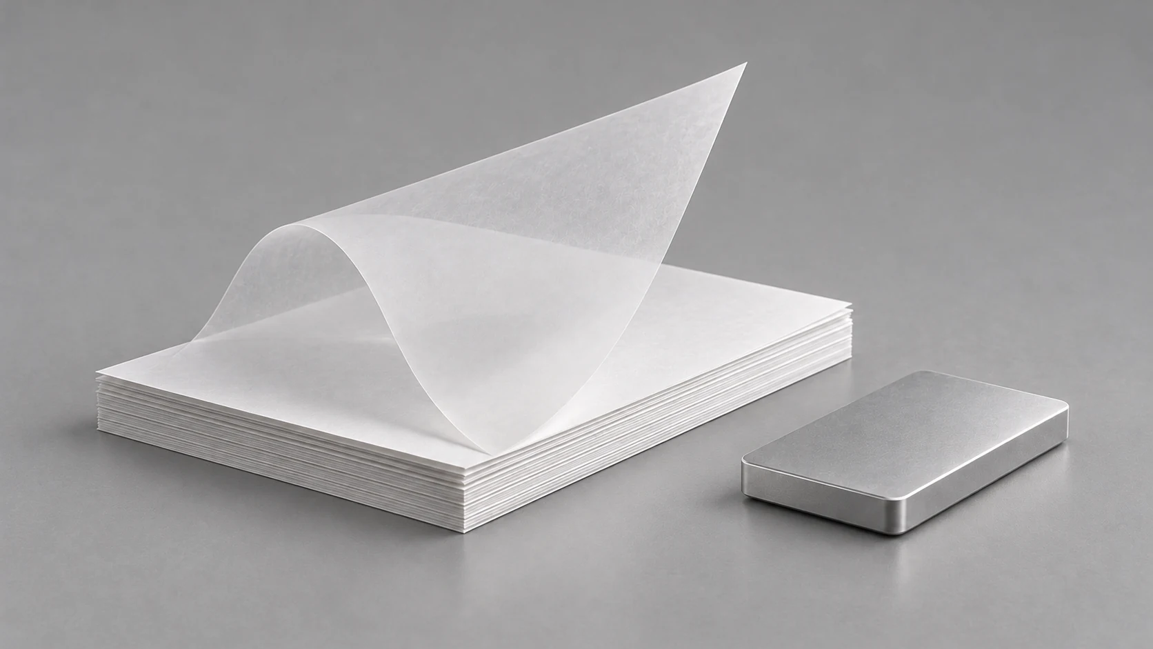 Paper sheets, a translucent folded page and a metal storage object on a soft grey surface