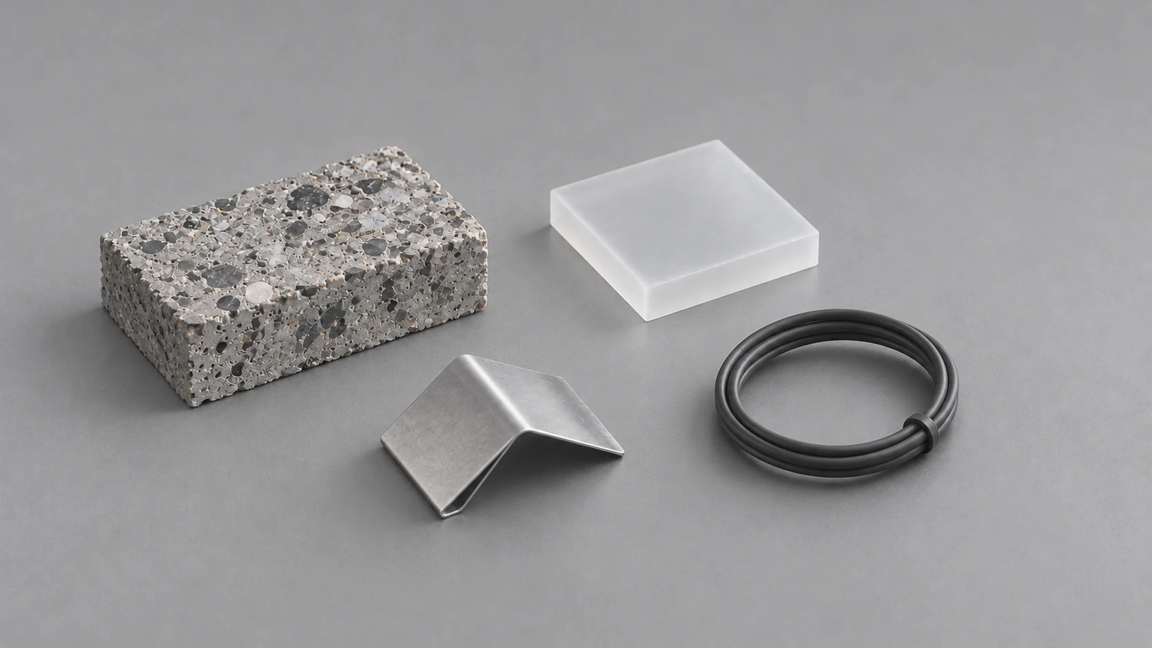 Concrete, translucent polymer, folded metal and a cable loop arranged on a soft grey surface